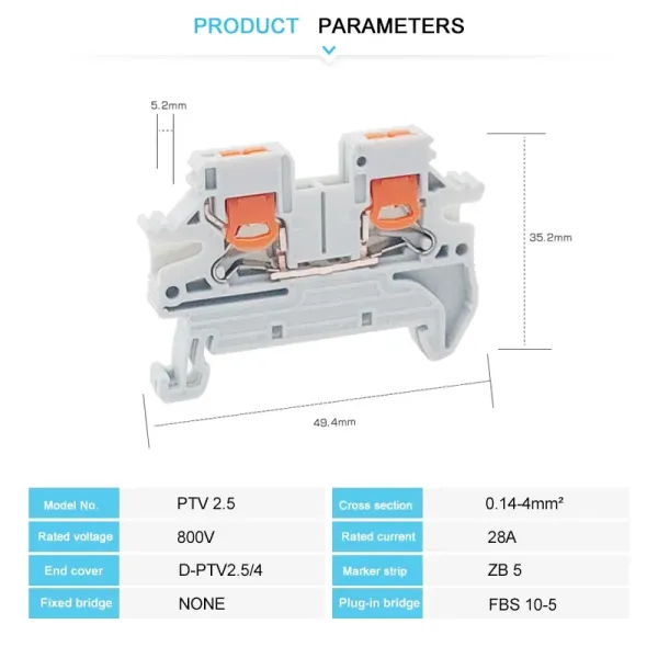 PTV 2.5 DIN Rail Terminal Block Side-Entry Push-in Connection 2.5mm² 26-12AWG Cable Wiring Electrical Wire Connector
