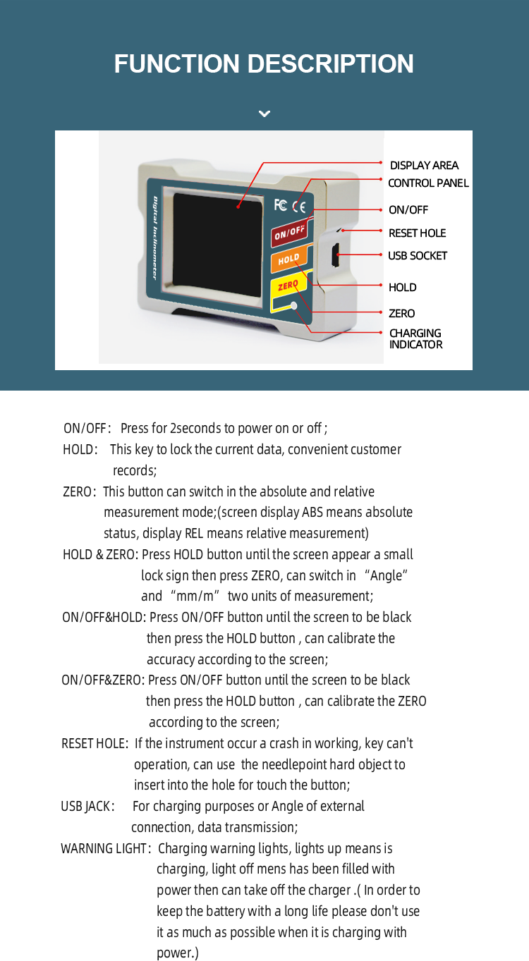 DMI420 Display Screen 360° Digital Bevel Finder 0.05deg Repeatability Data Hold