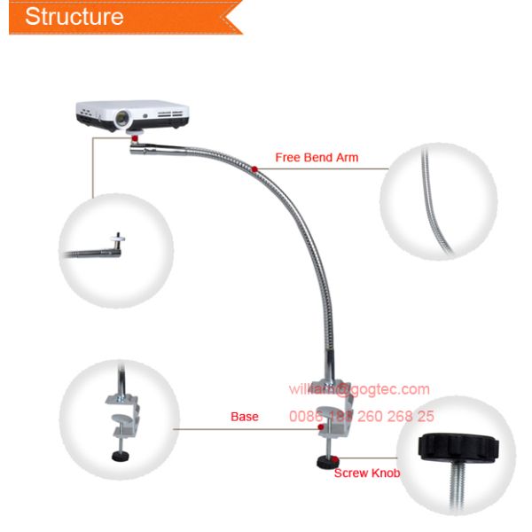 Slim free bend with clamp mini pico portable projector bracket lift mount support