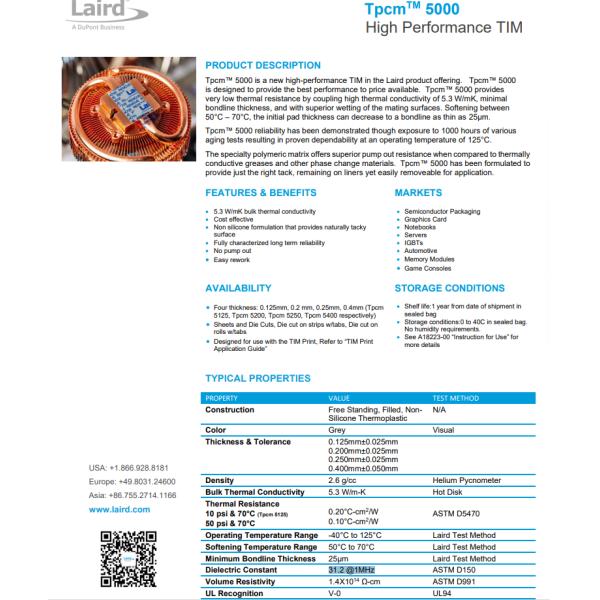 TPCM 5000 Thermal Phase Change Thermal Interface Material Conductivity Silicone Free