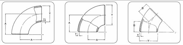 Buttweld fittings dimensions: pipe elbow 45 and 90 degrees LR and SR