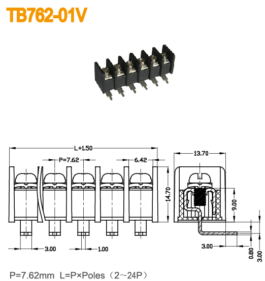 7.62mm Electrical Barrier Terminal Block for 300V 15A Screw Fence Connector