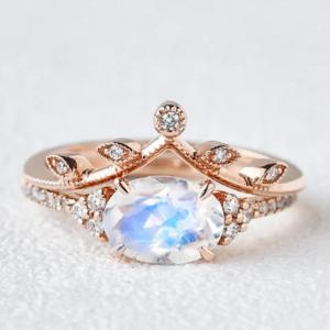 China 925 Sterling Silver Lady Wedding Ring Sets Inspired Promise Rainbow Natural Moonstone on sale