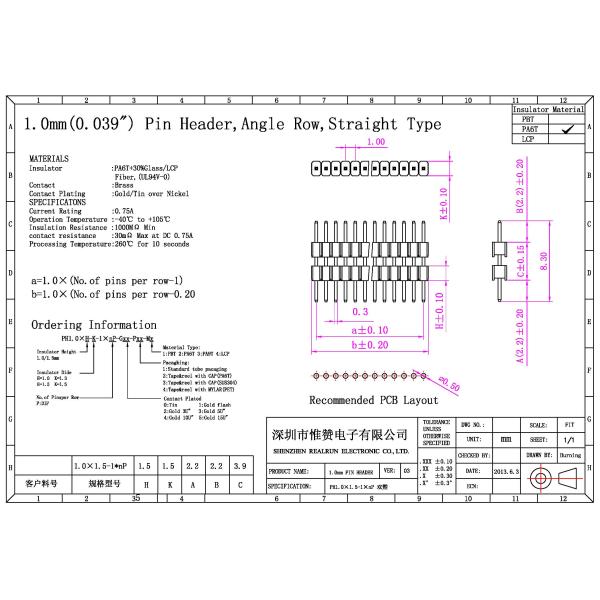 Stackable 1*8 Pin PA6T 1.0mm Through Hole Header Connector