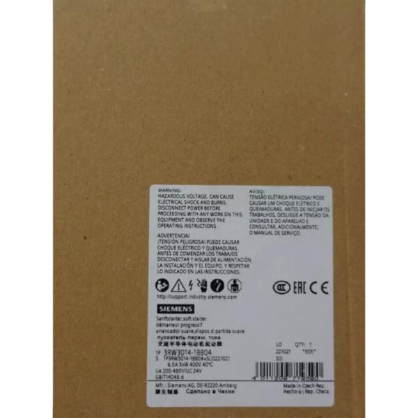 SIEMENS 3RW3014-1BB04 SIRIUS SOFT STARTER S00 6.5 A, 3 KW/400 V, 40 °C 200-480 V AC, 24 V AC/DC SCREW TERMINALS