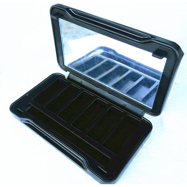 Black elegant matel tin can / tin box container with hinged lid and plastic inner mirror