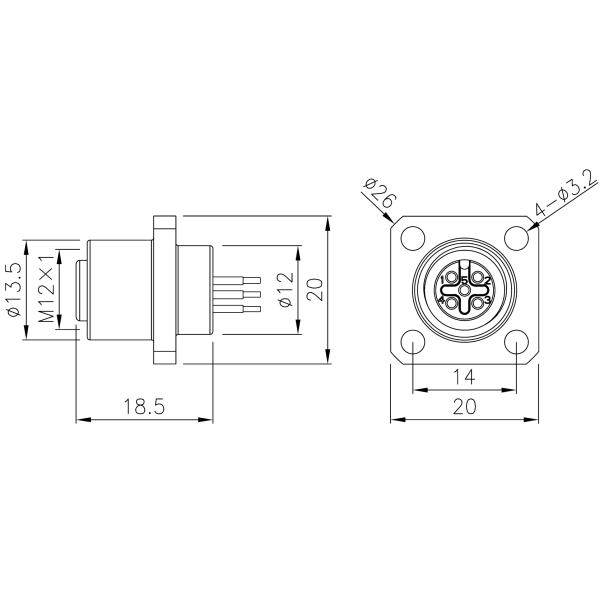 M12 Panel Mount Connector Square Flange PCB Front Mounting 5 Pin Female A Code