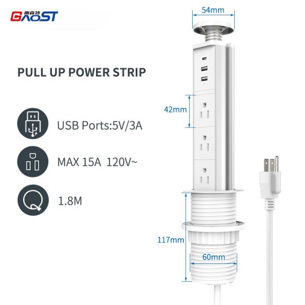 Waterproof IP65 pop-up outlet kitchen solution with multiple outlets and charging ports