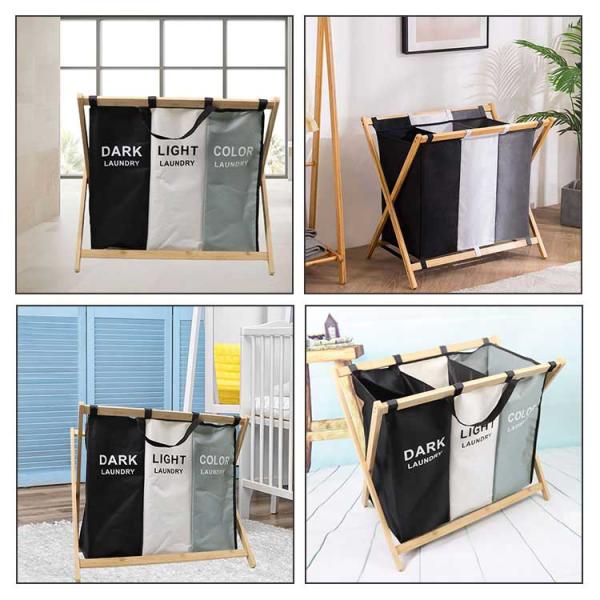 Breathable Moistureproof 3 Bin Laundry Hamper Bamboo Frame Washable Lightweight