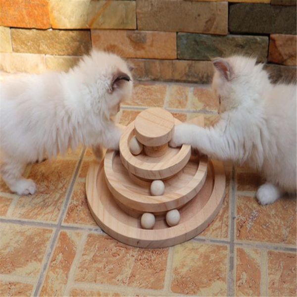 2/3 Layers Wooden Cat Scratch Turntable Smart Track With Balls Interactive Cat Toys