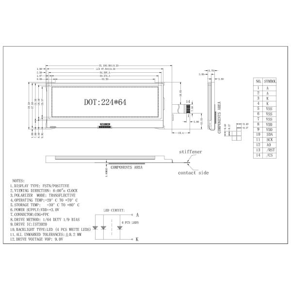 Customized 224X64dots Graphic Cog LED Backlight Mobile Phone LCD Display Industrial Gade Small Size