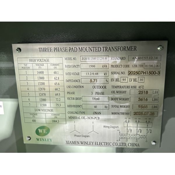 UL listed 1500Kva Three Phase Pad Mounted Transformer Power system distribution Multi-voltage 13.8KV 13.2KV 12.47KV To 480V ASNI Standards