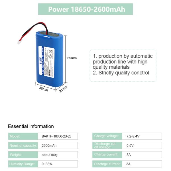 High Rate 7.2V 2600mAh Li-Ion 18650-2S-2J Lithium Ion Battery Pack for Flashlight Use