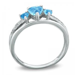 China Heart Shaped Blue Topaz and CZ Accent Three Stone Promise Ring 10K White Gold on sale