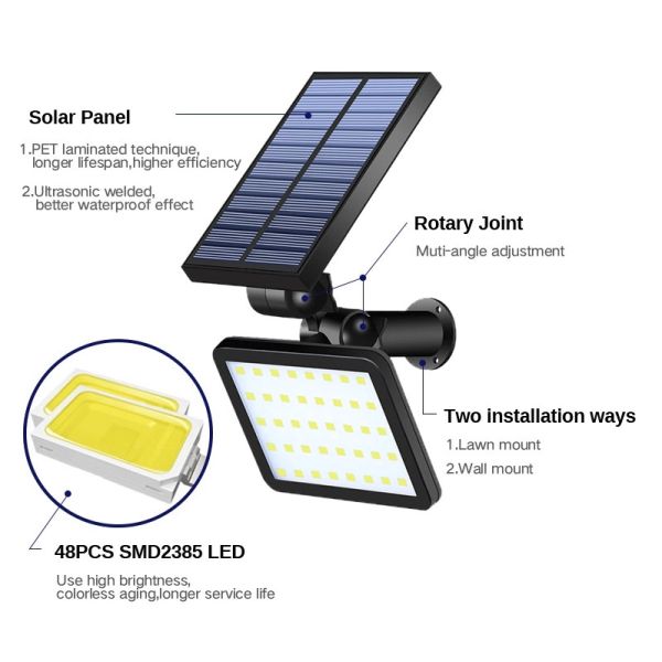 48pcs SMD2835 Solar LED Garden Lights Wireless With Motion Sensor 6000K
