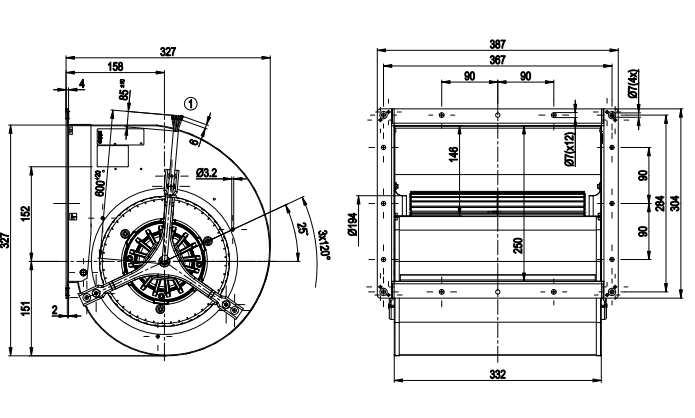 220-240V Industrial Centrifugal Fan 1.77A 400W 400VDB M4E094-EA IP10 R4E355-RM03-05