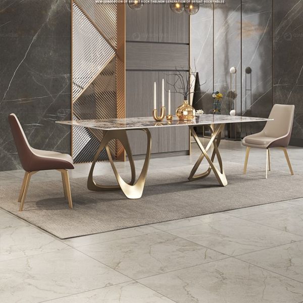 Rectangular 2.0 Meter Marble SS Dining Table Two Gold Same Base Support Artificial Marble