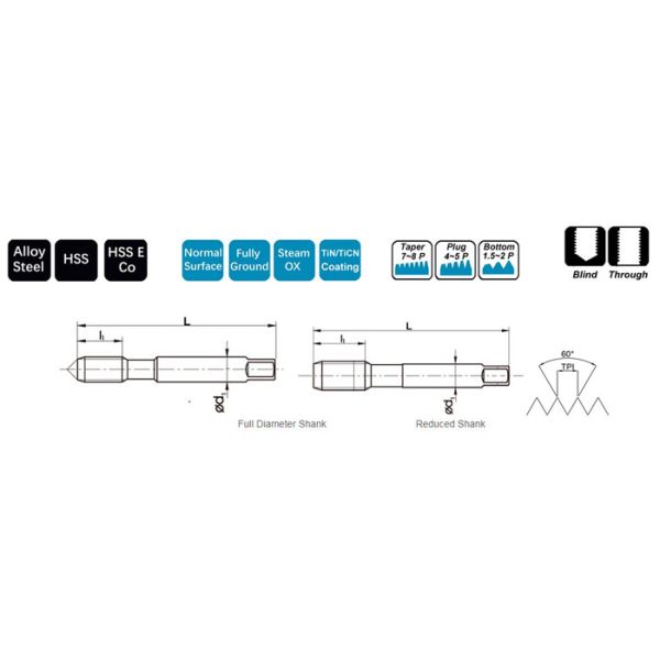 Blind Hole 2 Flute Tap For Steel , 7 - 10 Pitch Chamfer Length Reverse Thread Tap