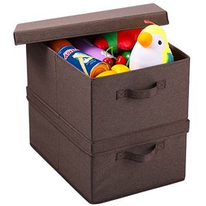 DURABLE DOUBLE-SIDED HANDLES Linen Foldable Storage Bins With Lids, 2 Pack, Storage Boxes With Carrying Handles And Sturdy Heavy Cardboard