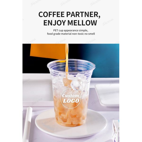 Custom printed PET cups in use with drinks