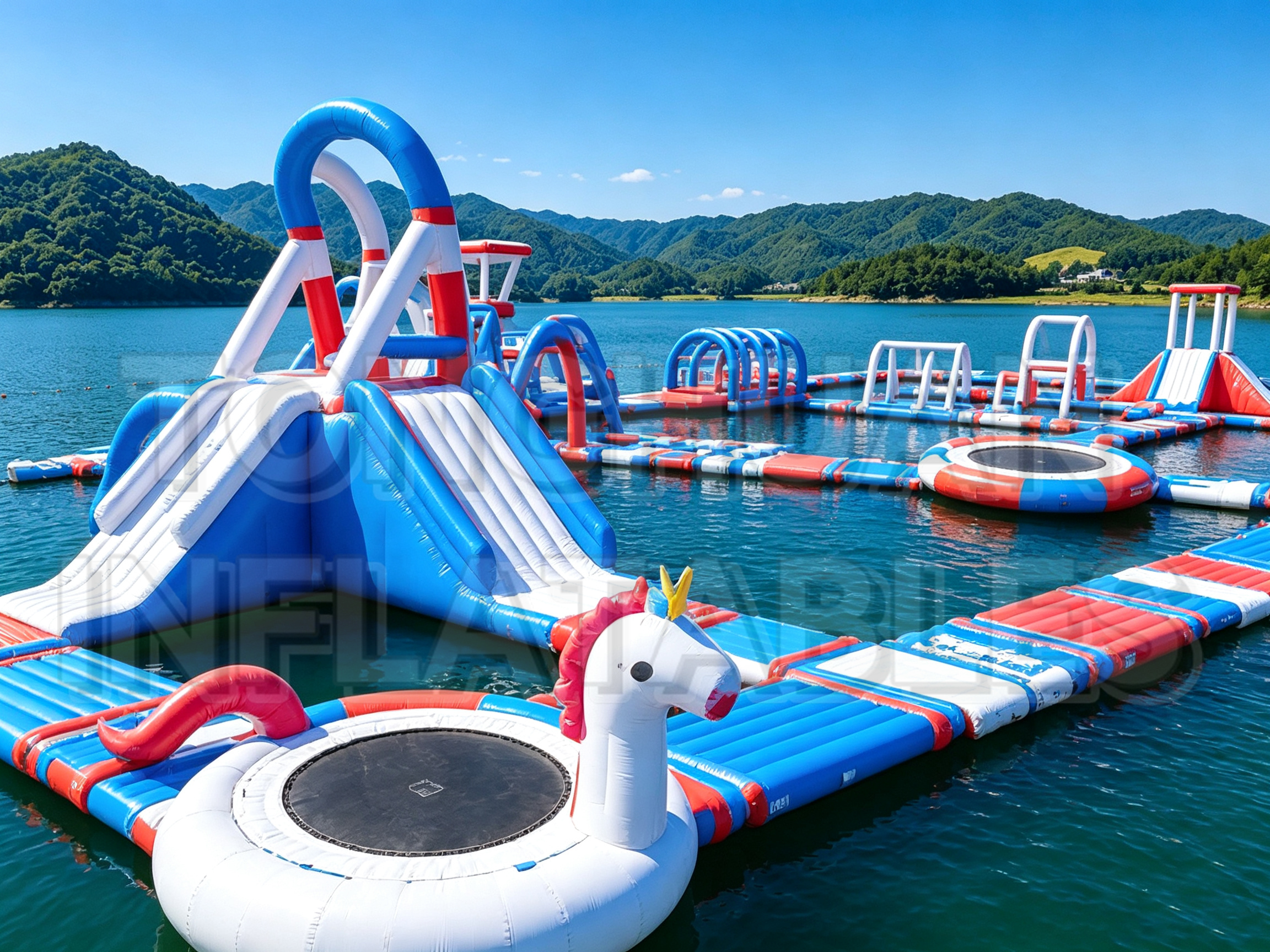 Custom Modular Inflatable Water Park with Floating Walkways Slides Trampolines and Balance Obstacles for Lakes Resorts Beaches and Commercial