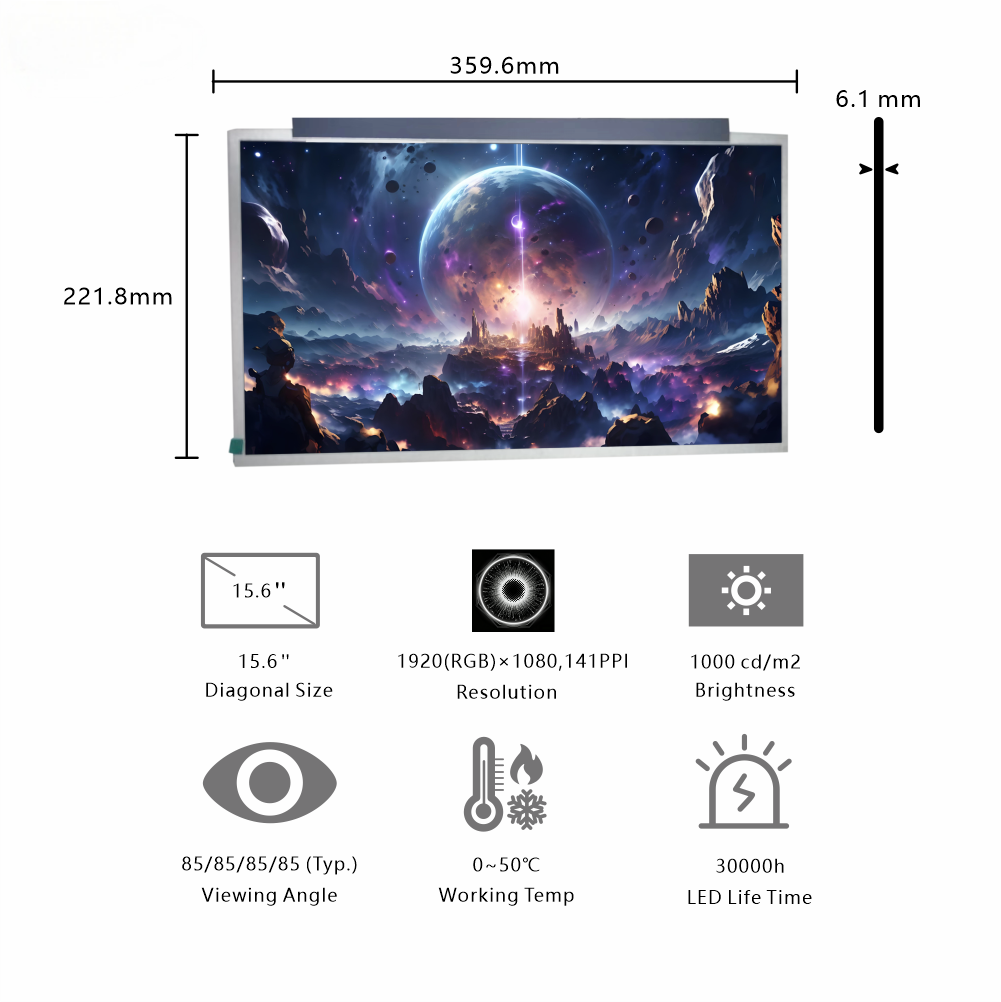 15.6-Inch Large FHD Display | 1920×1080 Resolution, EDP Interface, 1000cd/m² High Brightness for Outdoor Digital Signage & Self-Service Kiosks