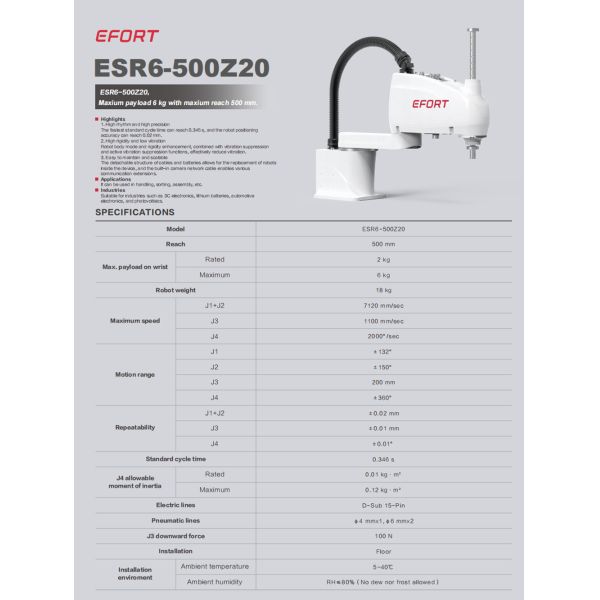 SCARA Robot In Handling Sorting Assembling For 3C Electronics Lithium Batteries Auto Electronics Photovolta ESR6-500Z20