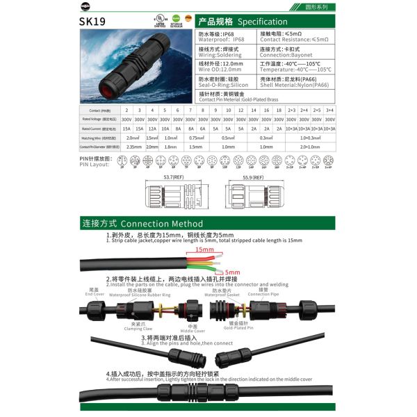 Quick Lock Plastic 2 Pin IP68 15A M19 Connector