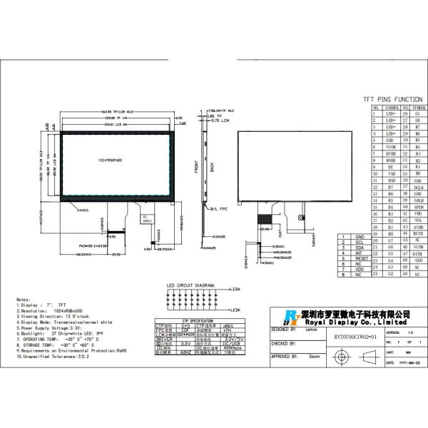 7 Inch 1024*3(RGB)*600 Lvds IPS I2c TFT LCD Display With CTP Muti-Color LCD