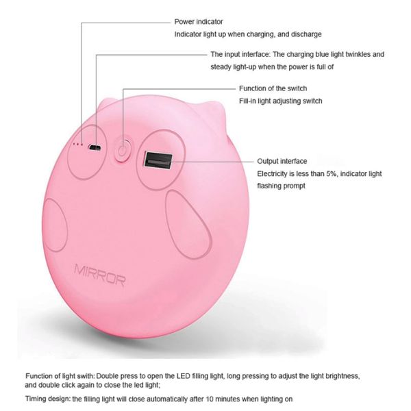 Portable Pocket Mirror Power Bank 2000mAh USB Touch Switch Adjustale LED Light