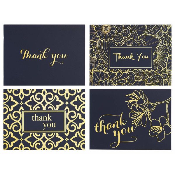 Navy Blue Color Thanks Greeting Card 100 Set Gold Foil Pattern For Bridal / Baby