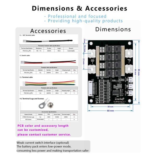 Enerkey 3S 120A Continuous 300A Peak High-Current LiFePO4 Li-ion BMS for Solar Energy Storage and Power Tools