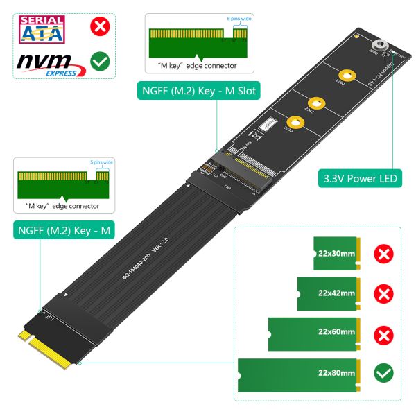 Upgrade Version 180 Degree NGFF M.2 M-Key NVME SSD Extension Cable 3.3V Power LED Status Light