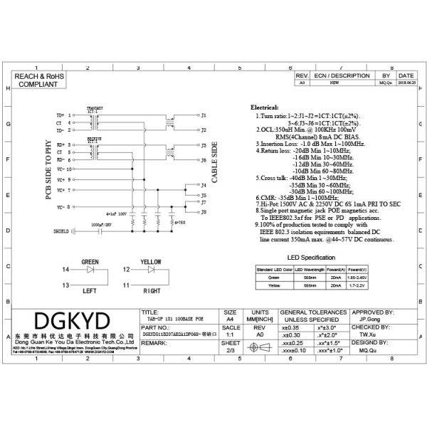 DGKYD511B207AB2A1DP068 180 Degree Notched RJ45 Connector Ethernet Filter POE 6U Network Interface