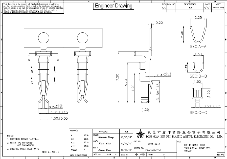 3A AC / DC PCB Wire To Board Connectors Contact, 2.00mm Pitch Connector Crimp Terminal
