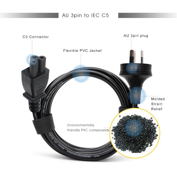 SAA Certified AU Plug to IEC C5 Power Cord 1.8m Black